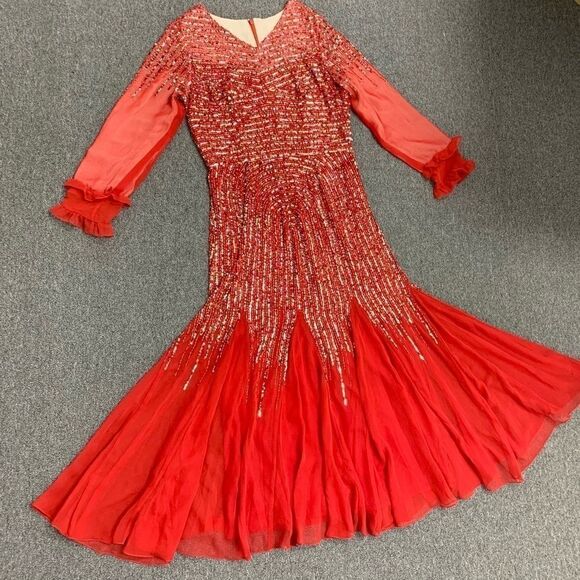 Vintage Red long-sleeve  beaded and sequined chiffon evening dress - Picture 2 of 14